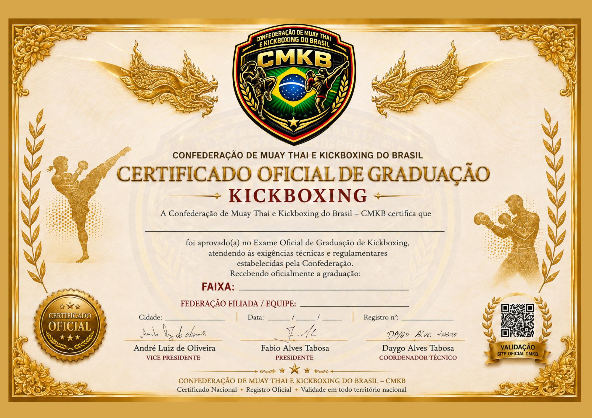 Modelo do certificado oficial de graduação de Kickboxing da CMKB