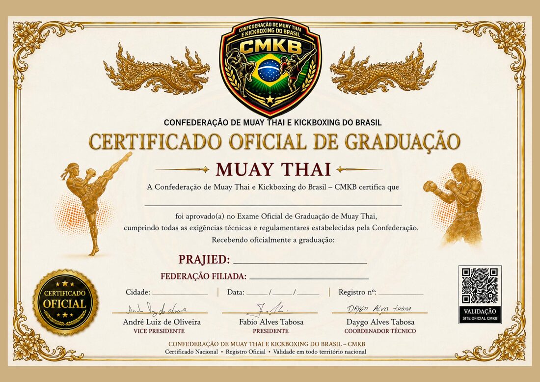 Modelo do certificado oficial de graduação de Muay Thai da CMKB
