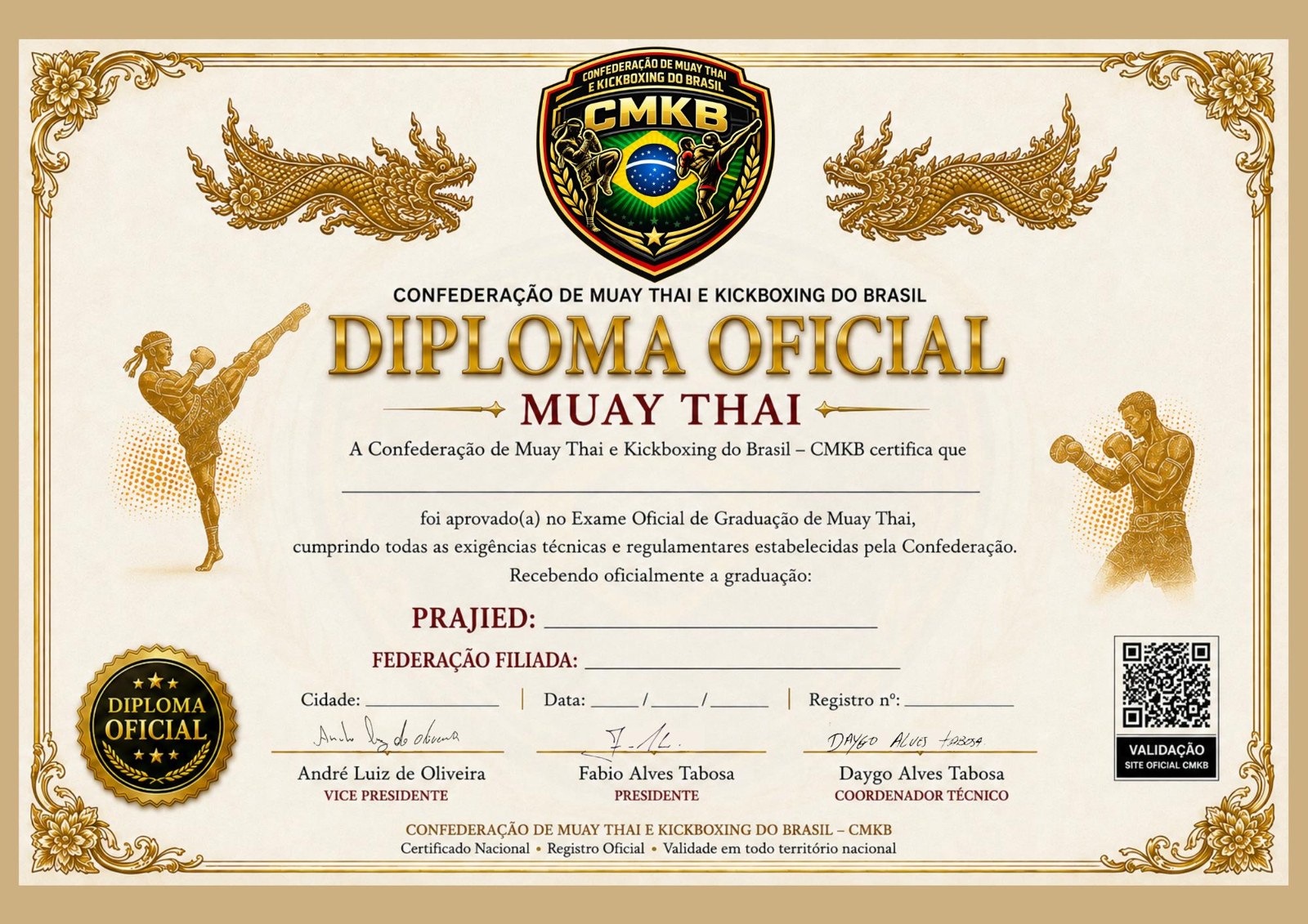 Modelo do diploma oficial de faixa preta da CMKB — Muay Thai, em formato A3